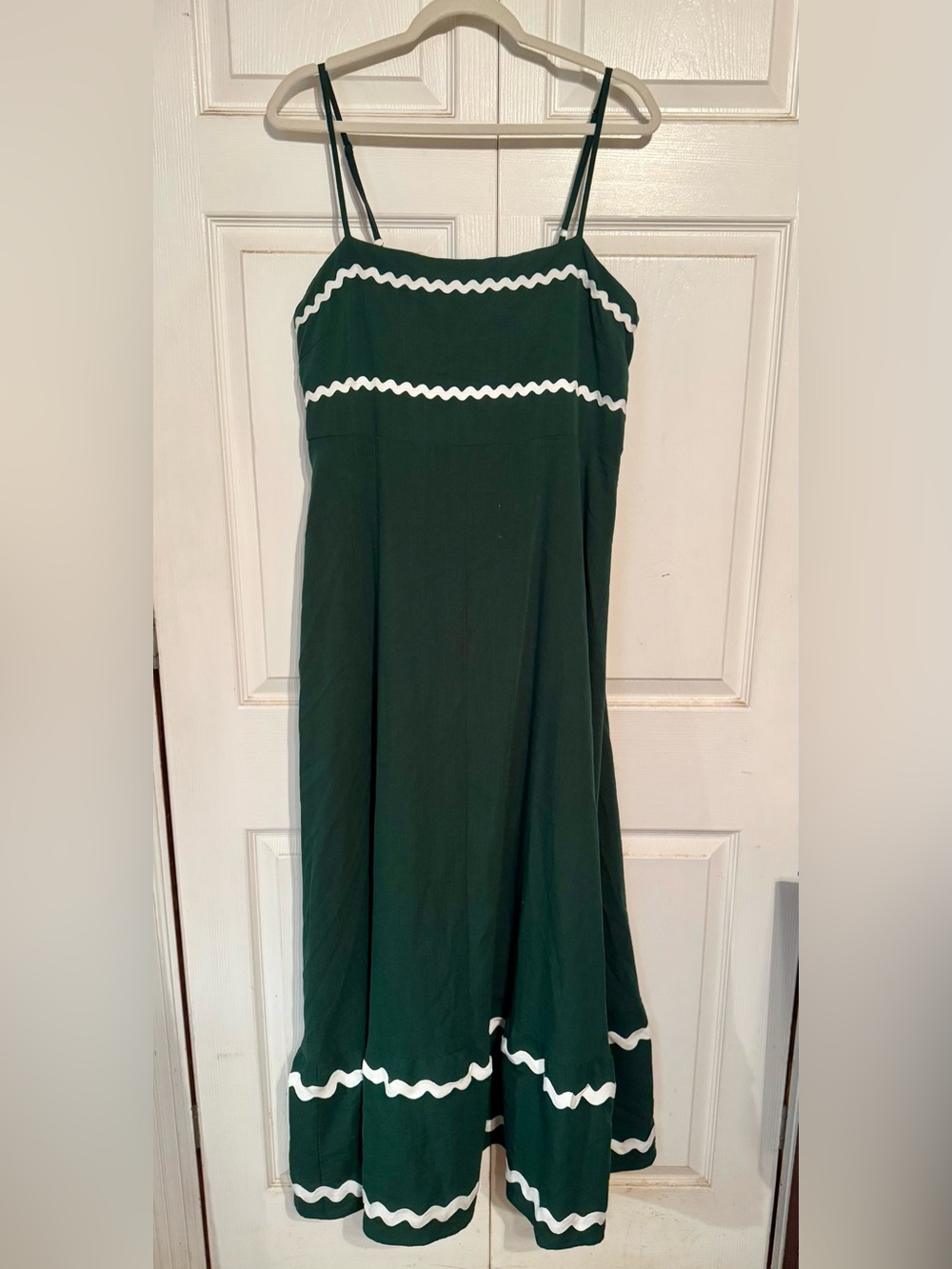 PRETTY GARDEN Dress XL Cypress Green Spaghetti Strap Midi White Ric-Rac Trim